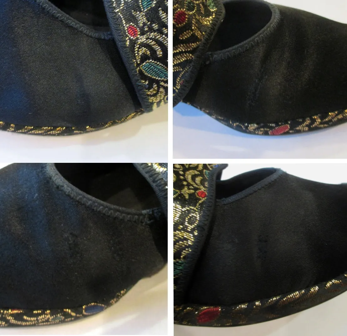 Vintage 40s Black Satin & Gold Brocade Slingback Wedge Slippers / Shoes 8
