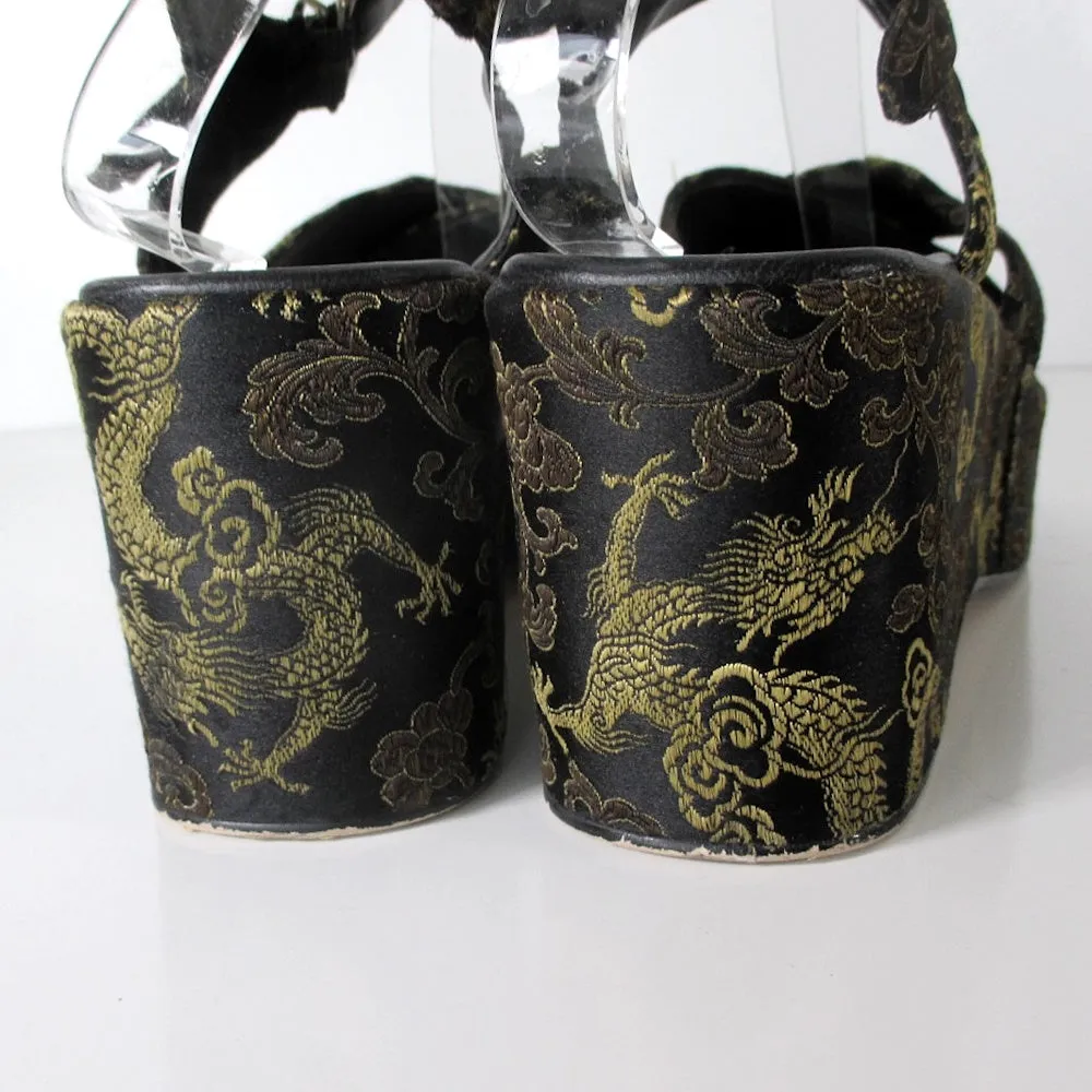 Vintage 90s Dragon Brocade Platform Wedge Sandals 8