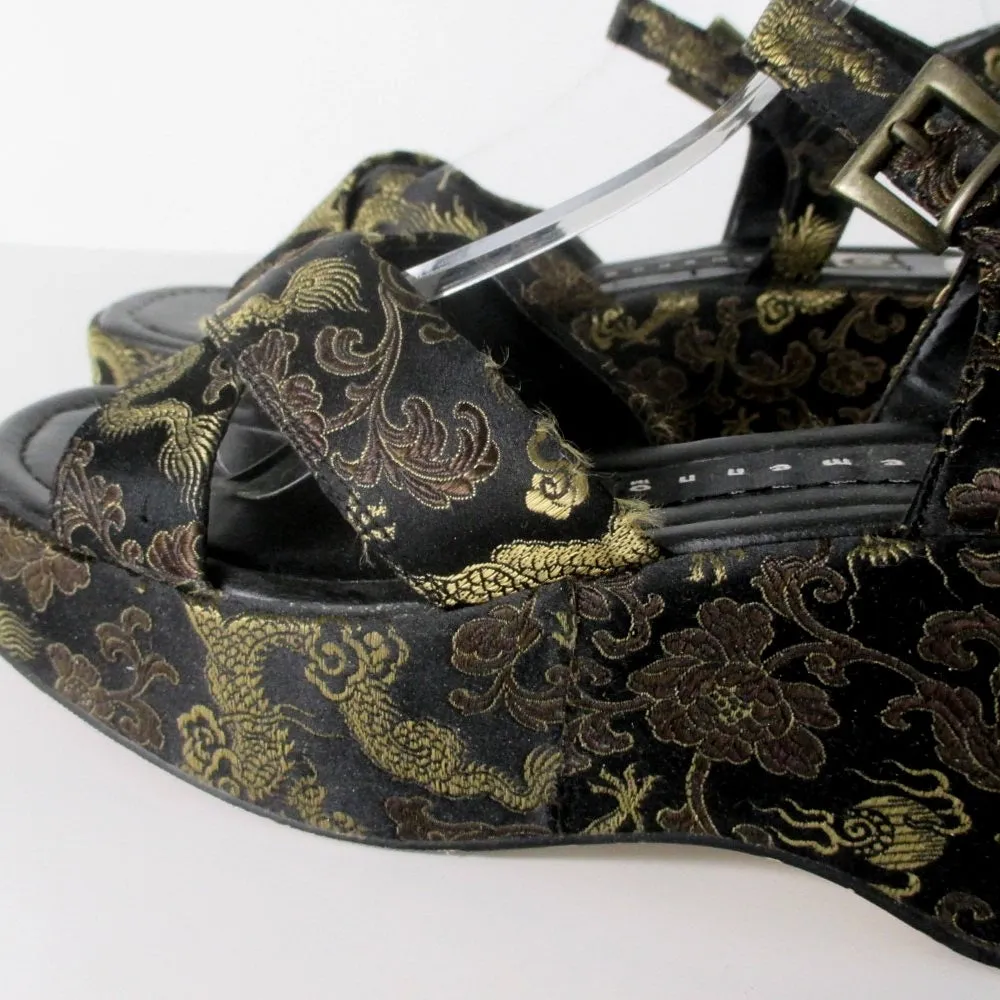 Vintage 90s Dragon Brocade Platform Wedge Sandals 8