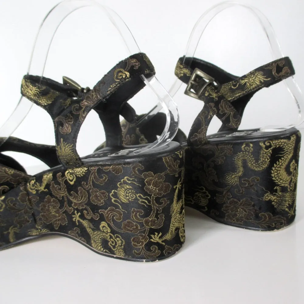 Vintage 90s Dragon Brocade Platform Wedge Sandals 8