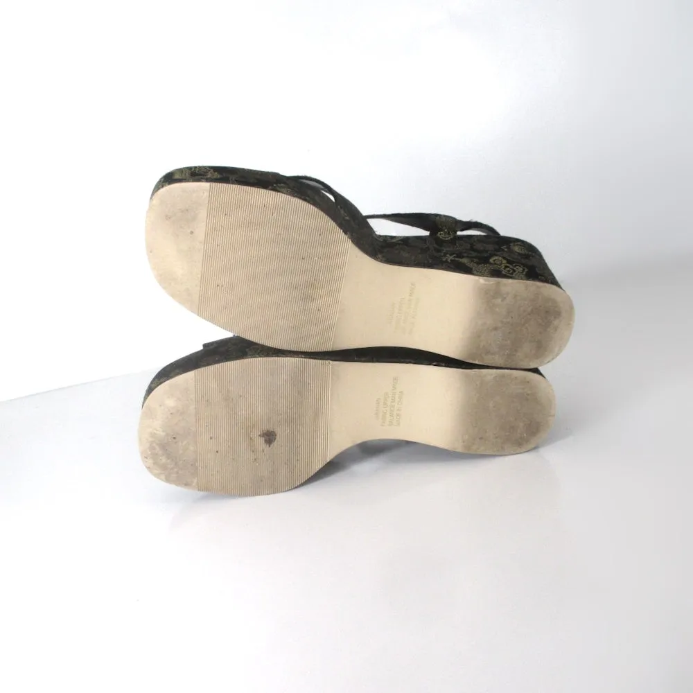 Vintage 90s Dragon Brocade Platform Wedge Sandals 8