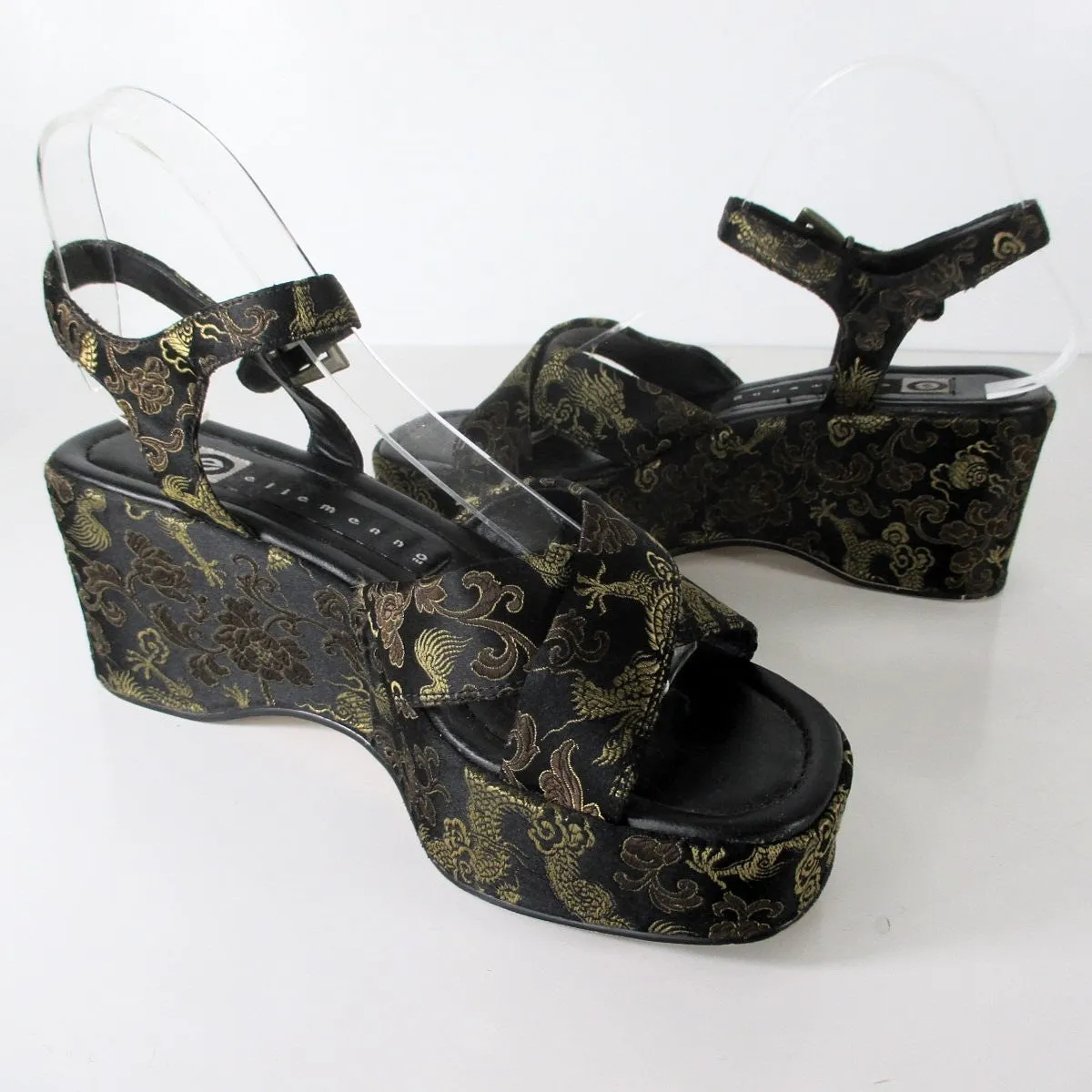 Vintage 90s Dragon Brocade Platform Wedge Sandals 8