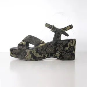 Vintage 90s Dragon Brocade Platform Wedge Sandals 8