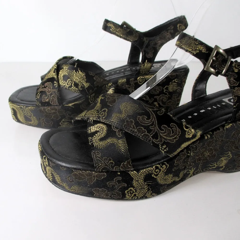 Vintage 90s Dragon Brocade Platform Wedge Sandals 8