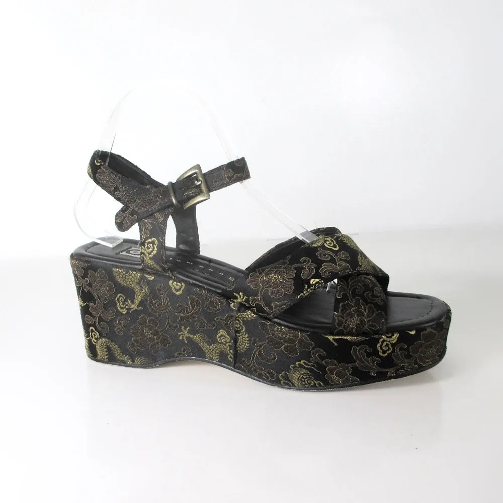 Vintage 90s Dragon Brocade Platform Wedge Sandals 8
