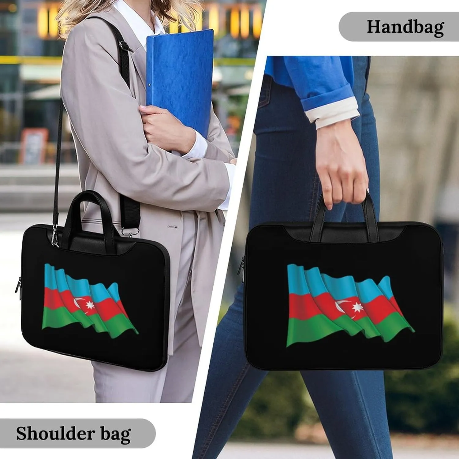 Waving Flag Azerbaijan Leather Bag Laptop Case Slim Water Resistant Computer Bags with Handle Briefcase for Work
