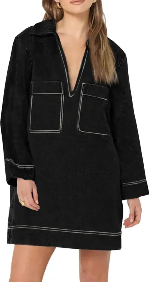 Wenrine Womens Denim Shirt Dress Long Sleeve V Neck Loose Casual Jean Mini Dress with Pockets
