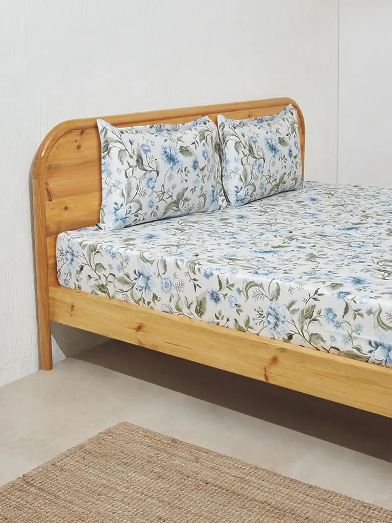 Westside Home Aqua Floral Print Double Bed Flat sheet and Pillow cover Set