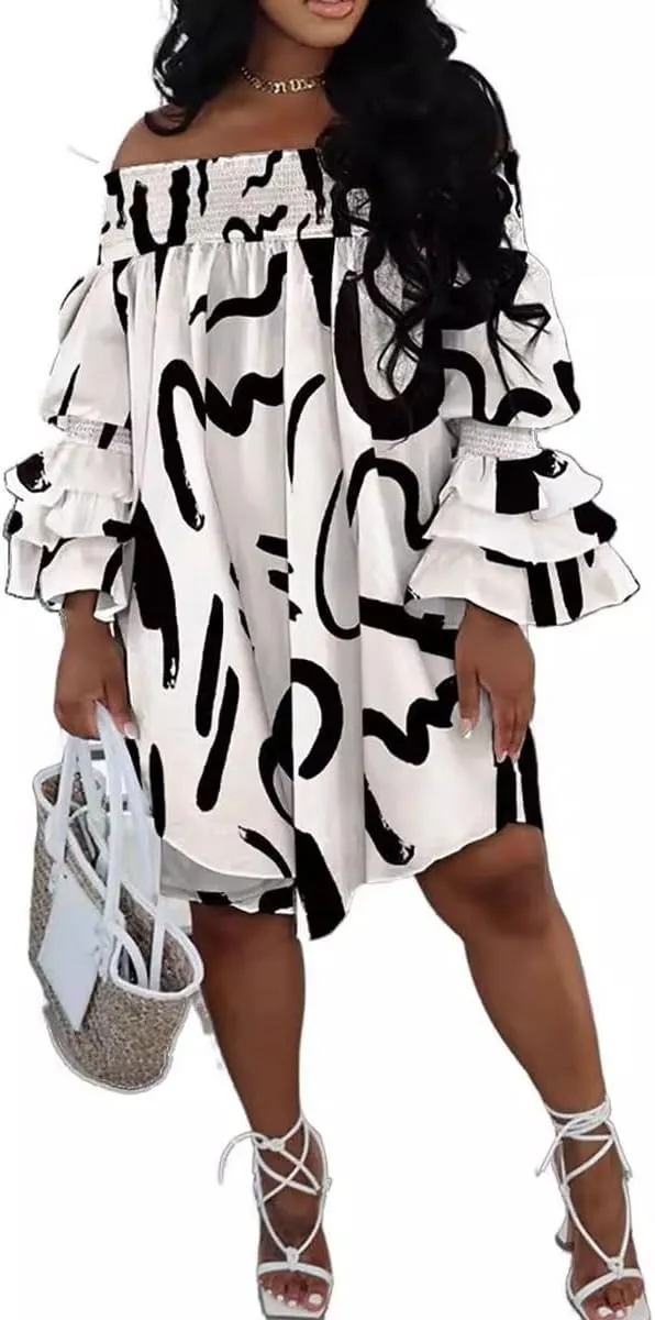 WOKANSE Women's Sexy Solid Color Layered Flare Sleeve Cold Shoulder A Line Shoulder Ruched Midi Dresses Night Out