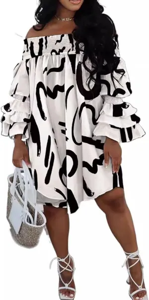 WOKANSE Women's Sexy Solid Color Layered Flare Sleeve Cold Shoulder A Line Shoulder Ruched Midi Dresses Night Out