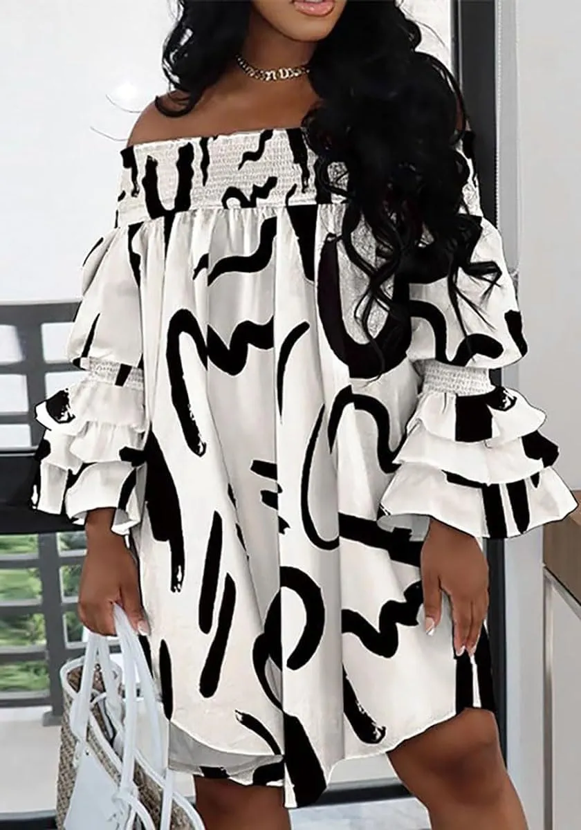 WOKANSE Women's Sexy Solid Color Layered Flare Sleeve Cold Shoulder A Line Shoulder Ruched Midi Dresses Night Out