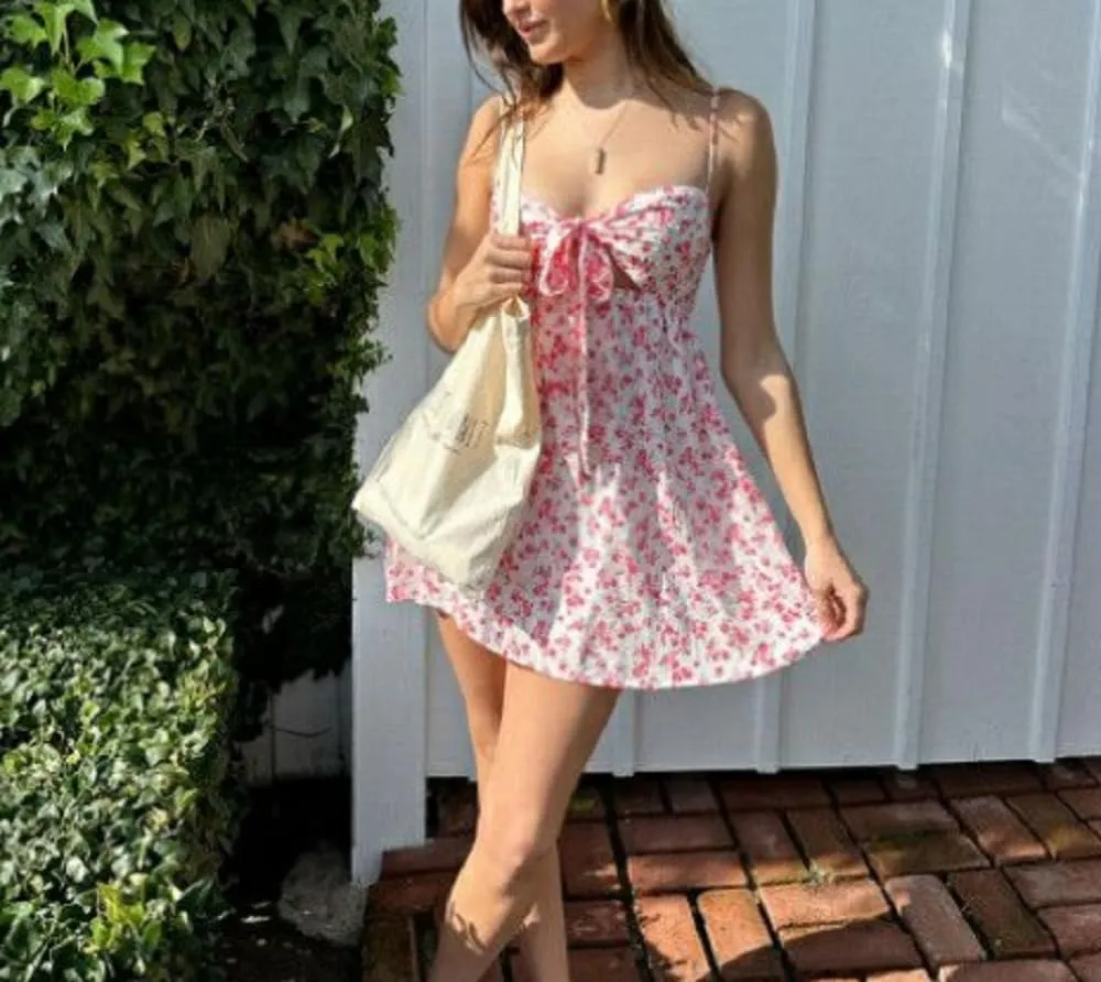 Women Boho Spaghetti Strap Mini Dress Floral Open Back Camisole Short Dress A-Line Sun Dress Summer Beach Dress