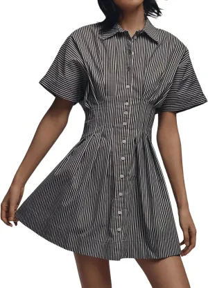 Women Button Down Pleated Shirt Dress Summer Short Sleeve Blouse Striped Print Corset Mini Dresses