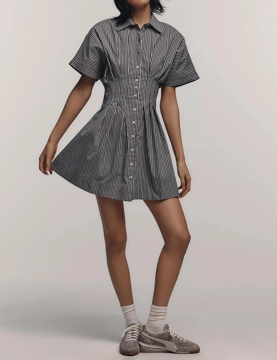 Women Button Down Pleated Shirt Dress Summer Short Sleeve Blouse Striped Print Corset Mini Dresses