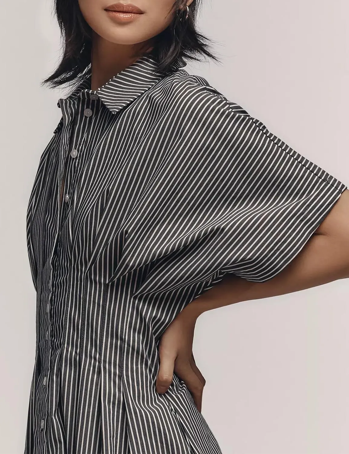Women Button Down Pleated Shirt Dress Summer Short Sleeve Blouse Striped Print Corset Mini Dresses