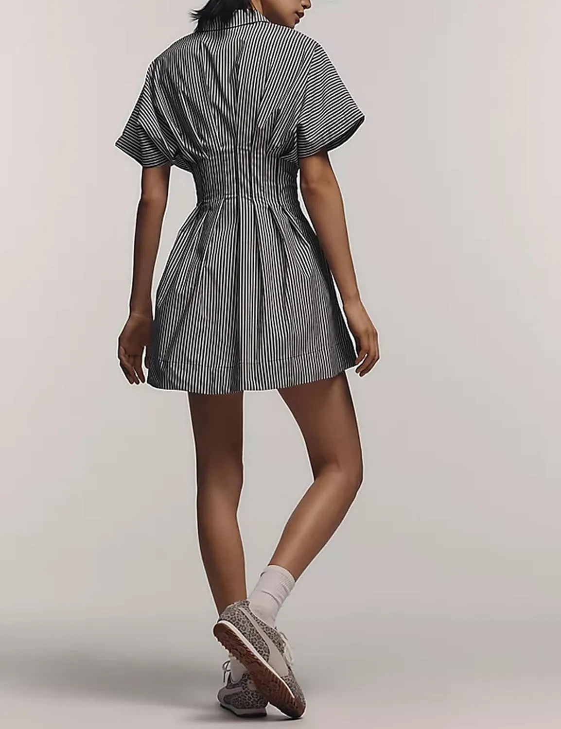 Women Button Down Pleated Shirt Dress Summer Short Sleeve Blouse Striped Print Corset Mini Dresses