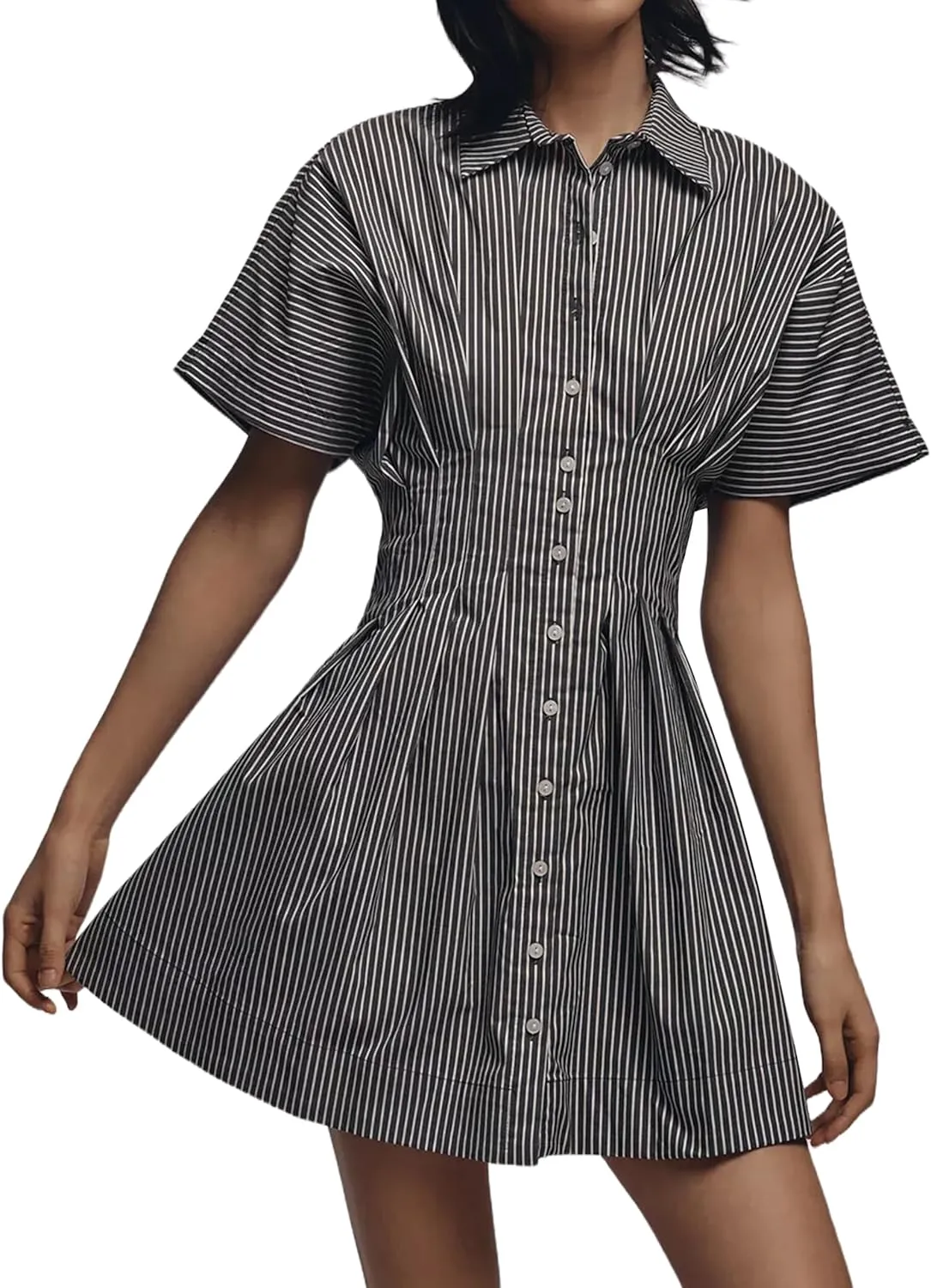 Women Button Down Pleated Shirt Dress Summer Short Sleeve Blouse Striped Print Corset Mini Dresses