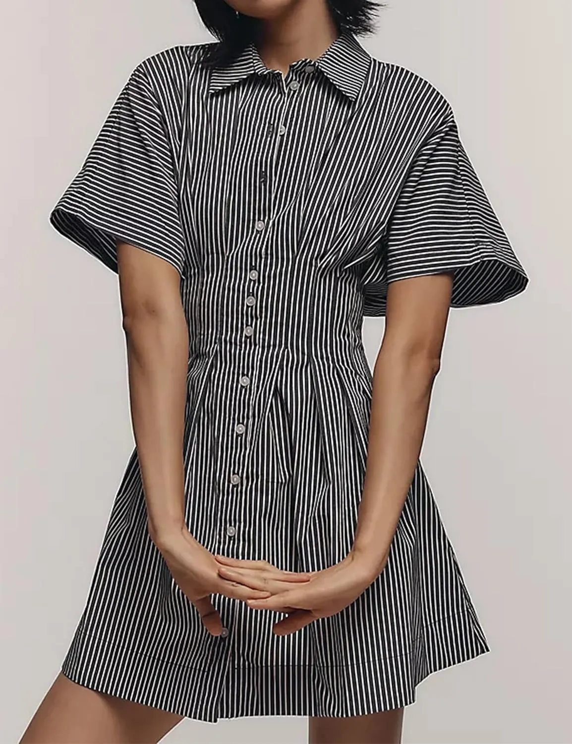 Women Button Down Pleated Shirt Dress Summer Short Sleeve Blouse Striped Print Corset Mini Dresses