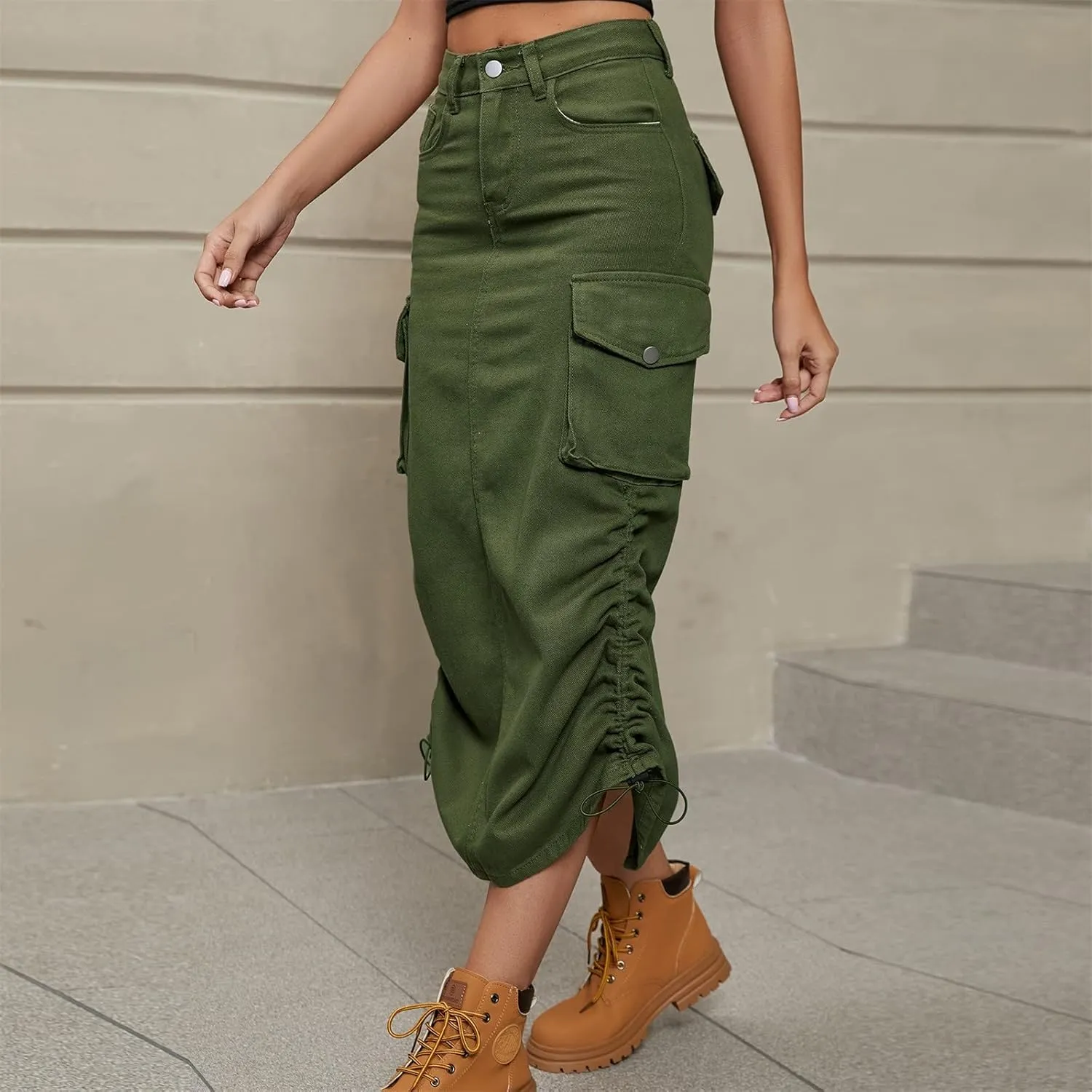 Women Cargo Midi Denim Skirt High Waisted Skirts Denim Skirt with Pocket Beach A Line Dress Pencil Skirts for