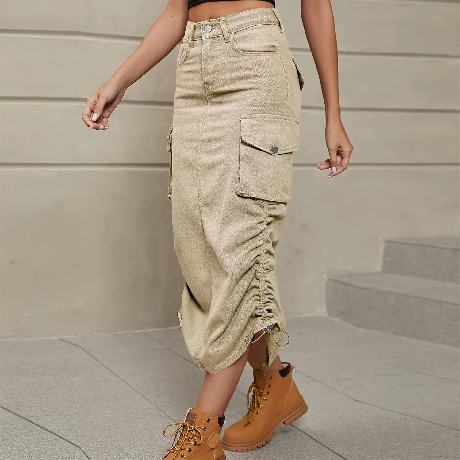 Women Cargo Midi Denim Skirt High Waisted Skirts Denim Skirt with Pocket Beach A Line Dress Pencil Skirts for