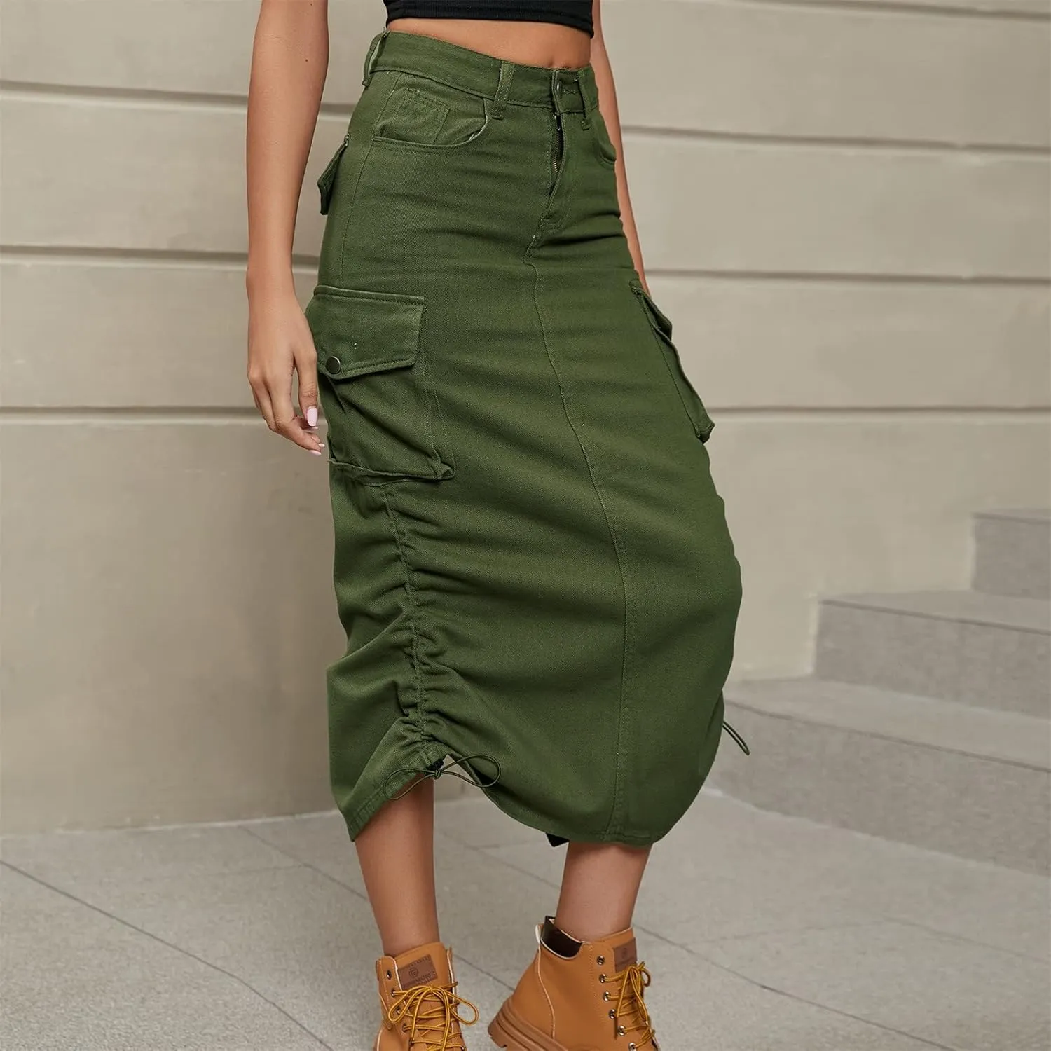 Women Cargo Midi Denim Skirt High Waisted Skirts Denim Skirt with Pocket Beach A Line Dress Pencil Skirts for