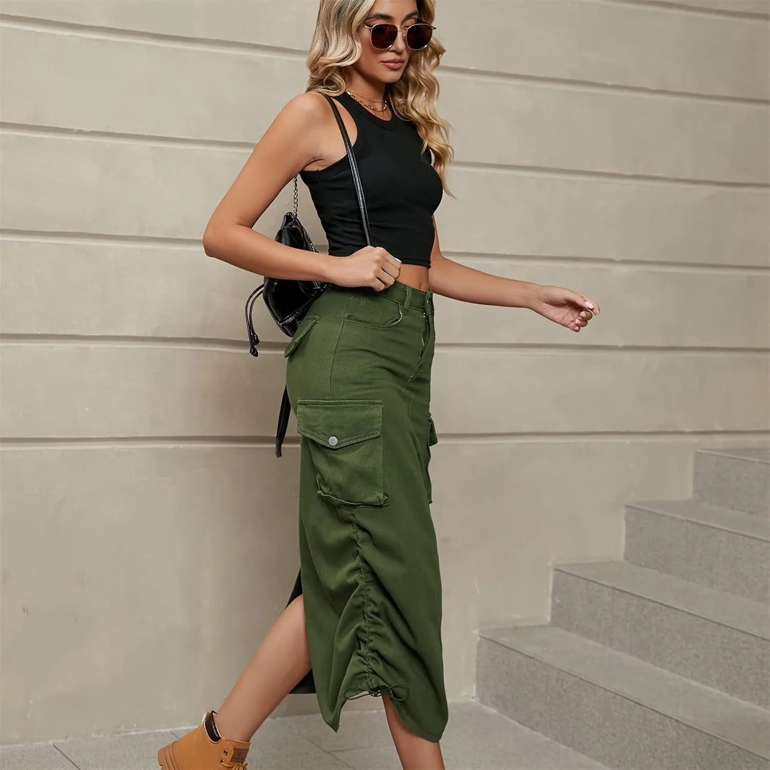 Women Cargo Midi Denim Skirt High Waisted Skirts Denim Skirt with Pocket Beach A Line Dress Pencil Skirts for