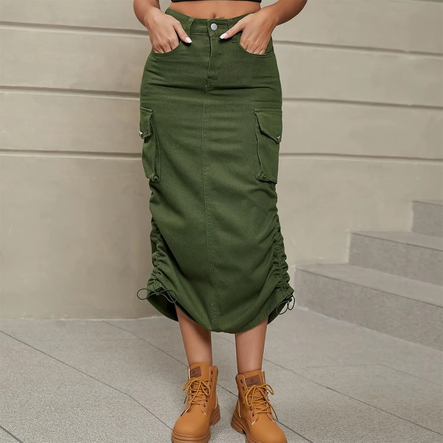 Women Cargo Midi Denim Skirt High Waisted Skirts Denim Skirt with Pocket Beach A Line Dress Pencil Skirts for