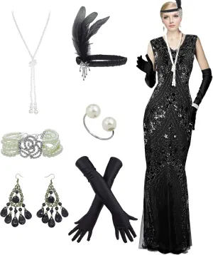 Women Evening Dress 1920s Floral Sequin Mermaid Hem Maxi Long Formal Ball Gown with 20s Accessories Set