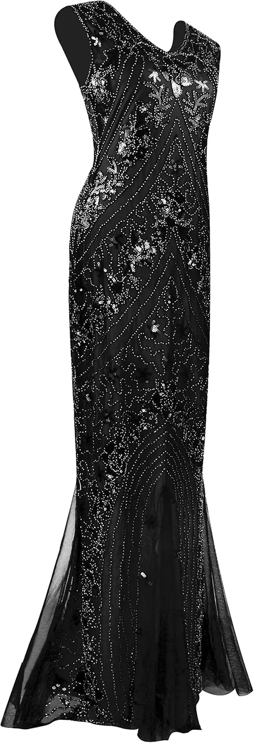 Women Evening Dress 1920s Floral Sequin Mermaid Hem Maxi Long Formal Ball Gown with 20s Accessories Set