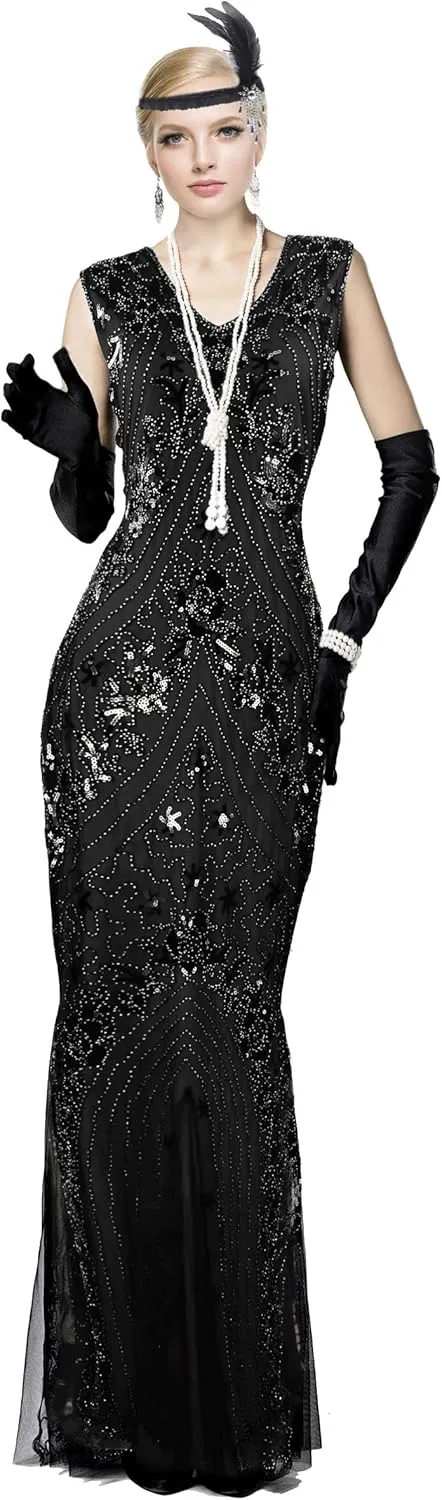 Women Evening Dress 1920s Floral Sequin Mermaid Hem Maxi Long Formal Ball Gown with 20s Accessories Set