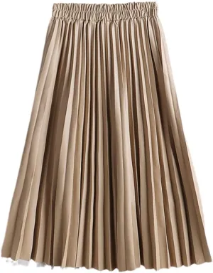 Women Faux Leather Midi Skirt Vintage A-Line High Waist Pleated Skirt Knee Length
