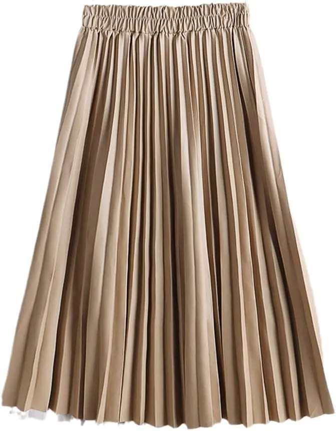 Women Faux Leather Midi Skirt Vintage A-Line High Waist Pleated Skirt Knee Length