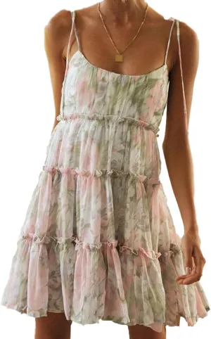 Women Floral Mini Dress Spaghetti Strap Ruffle Tiered Dress, Sleeveless Short Flowy Beach Sundress