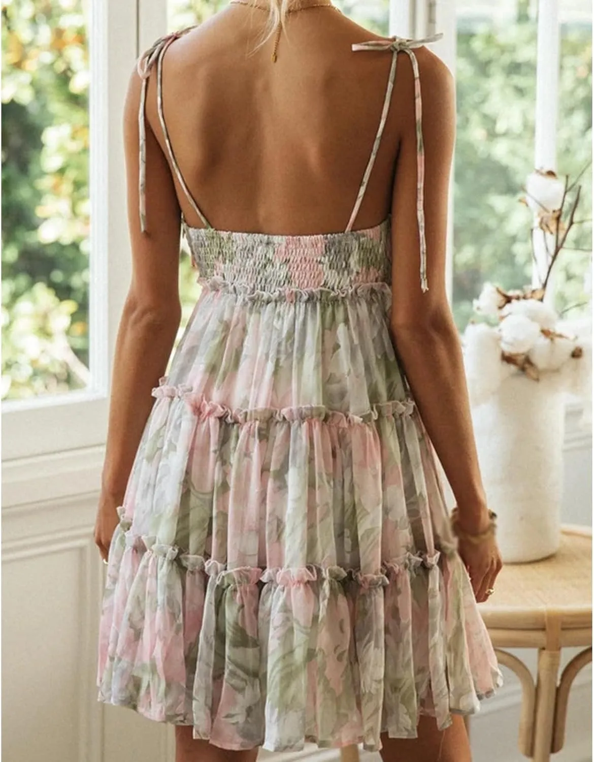 Women Floral Mini Dress Spaghetti Strap Ruffle Tiered Dress, Sleeveless Short Flowy Beach Sundress