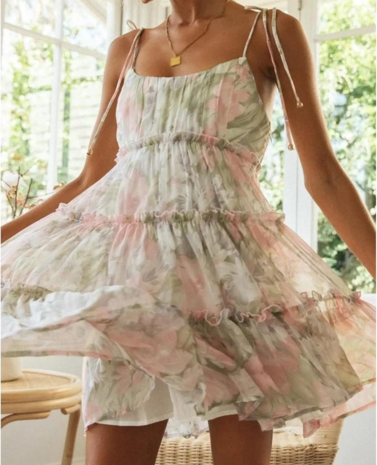 Women Floral Mini Dress Spaghetti Strap Ruffle Tiered Dress, Sleeveless Short Flowy Beach Sundress