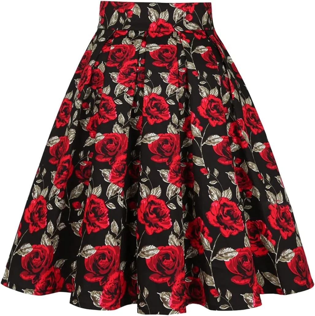 Women Gothic Floral Printed Pleated Skirt Summer High Waist Korean Harajuku Japanese Pinup Retro Vintage Midi Skirts
