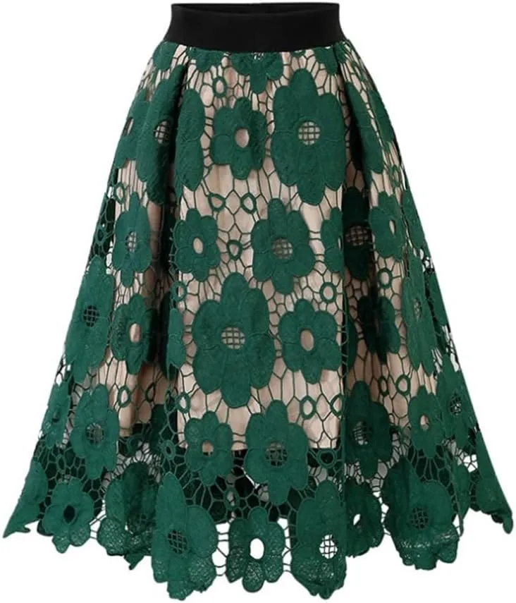 Women High Waist Pleated A-Line Midi Skirt Hollow-Out Floral Lace Flared Knee Length Flared Midi Skirts