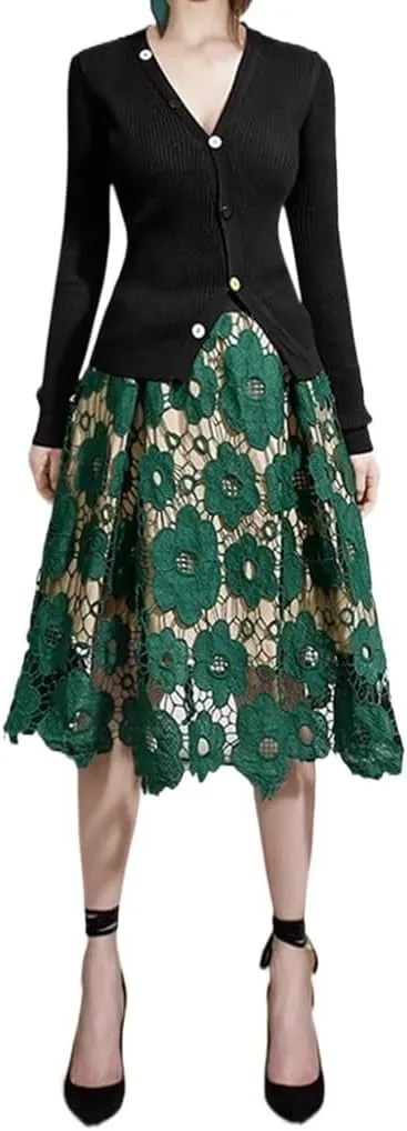 Women High Waist Pleated A-Line Midi Skirt Hollow-Out Floral Lace Flared Knee Length Flared Midi Skirts