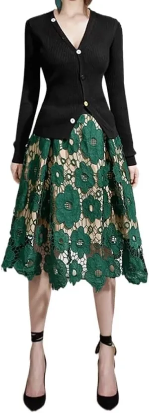 Women High Waist Pleated A-Line Midi Skirt Hollow-Out Floral Lace Flared Knee Length Flared Midi Skirts