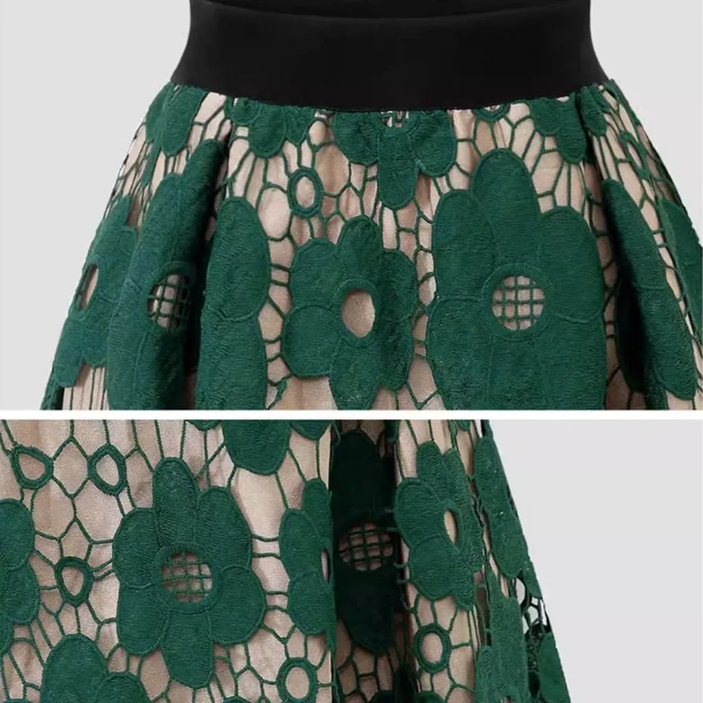 Women High Waist Pleated A-Line Midi Skirt Hollow-Out Floral Lace Flared Knee Length Flared Midi Skirts