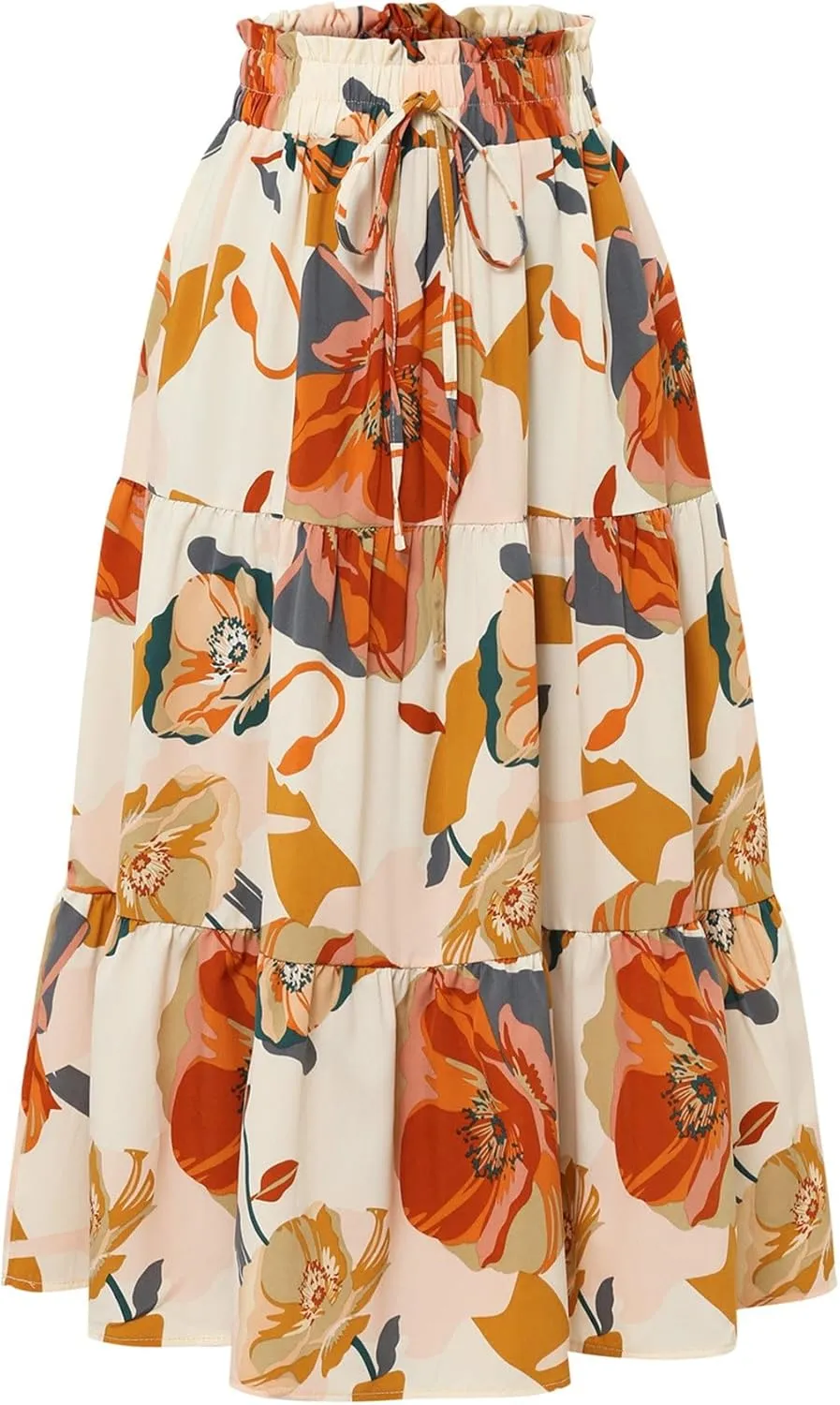 Women Maxi Skirt Casual High Elastic Waisted A Line Pleated Flowy Ruffle Tiered Boho Floral Bohemian Long Skirt