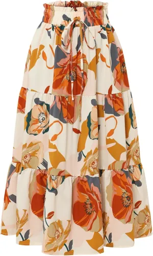 Women Maxi Skirt Casual High Elastic Waisted A Line Pleated Flowy Ruffle Tiered Boho Floral Bohemian Long Skirt
