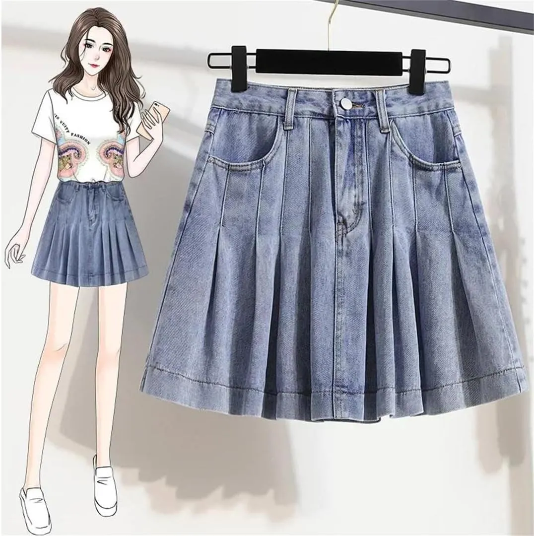 Women Plus Size Short Denim Skirt High-Waisted Plus Size Umbrella Cake Mid-Skirt Water-Washable
