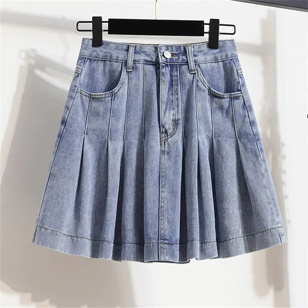 Women Plus Size Short Denim Skirt High-Waisted Plus Size Umbrella Cake Mid-Skirt Water-Washable