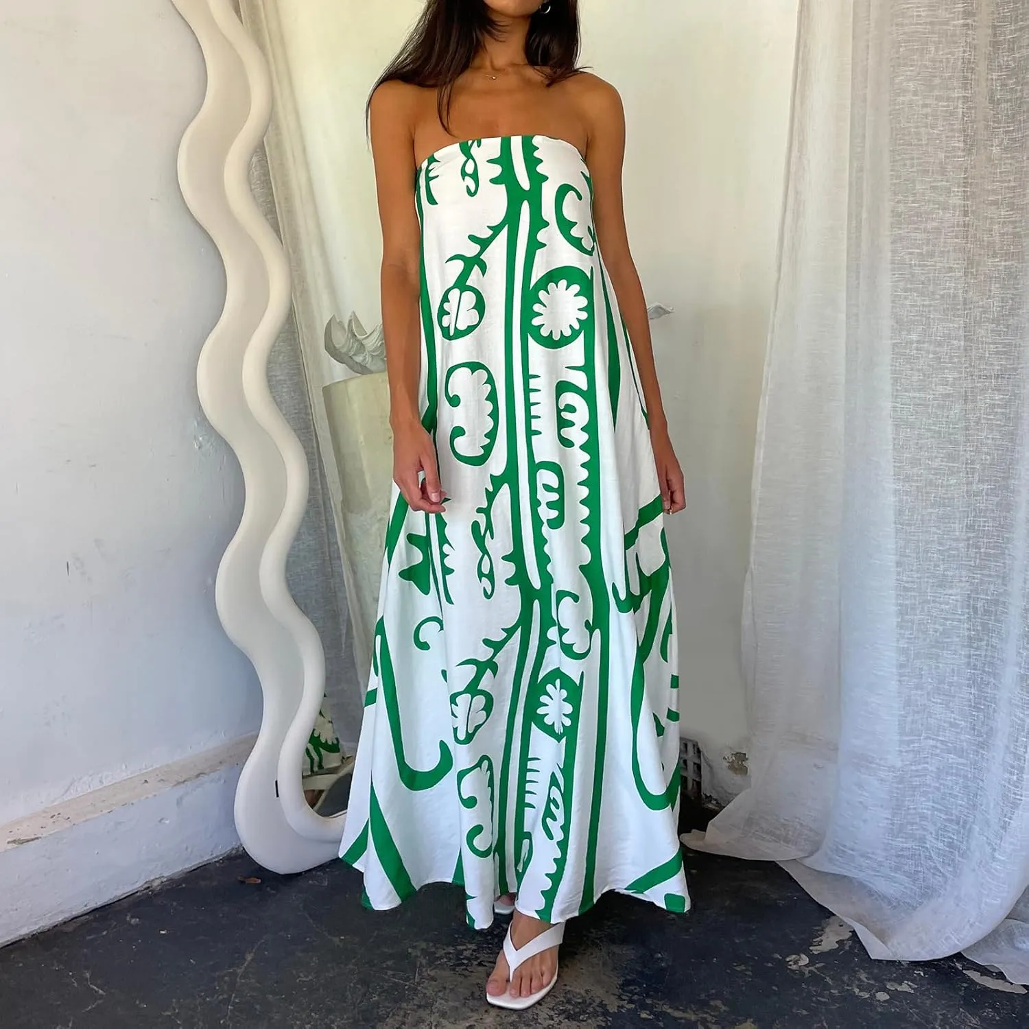 Women Strapless Maxi Dress Boho Floral Print Flowy Long Tube Dress Off Shoulder Loose Beach Sundress