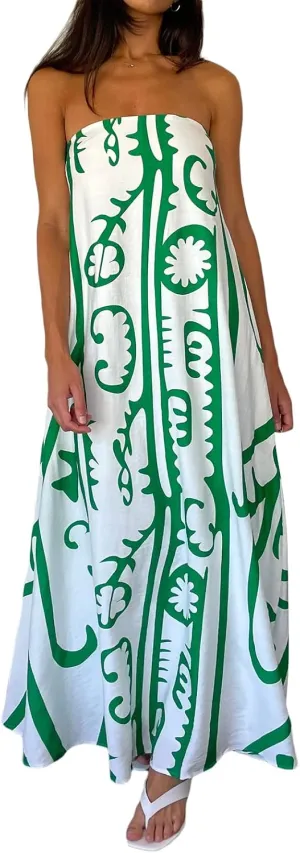 Women Strapless Maxi Dress Boho Floral Print Flowy Long Tube Dress Off Shoulder Loose Beach Sundress
