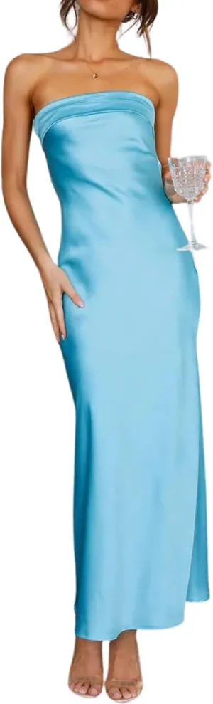 Women Summer Lightweight Satin Maxi Bodycon Dress Strapless Tube Backless Hollow Out Long Party Dress