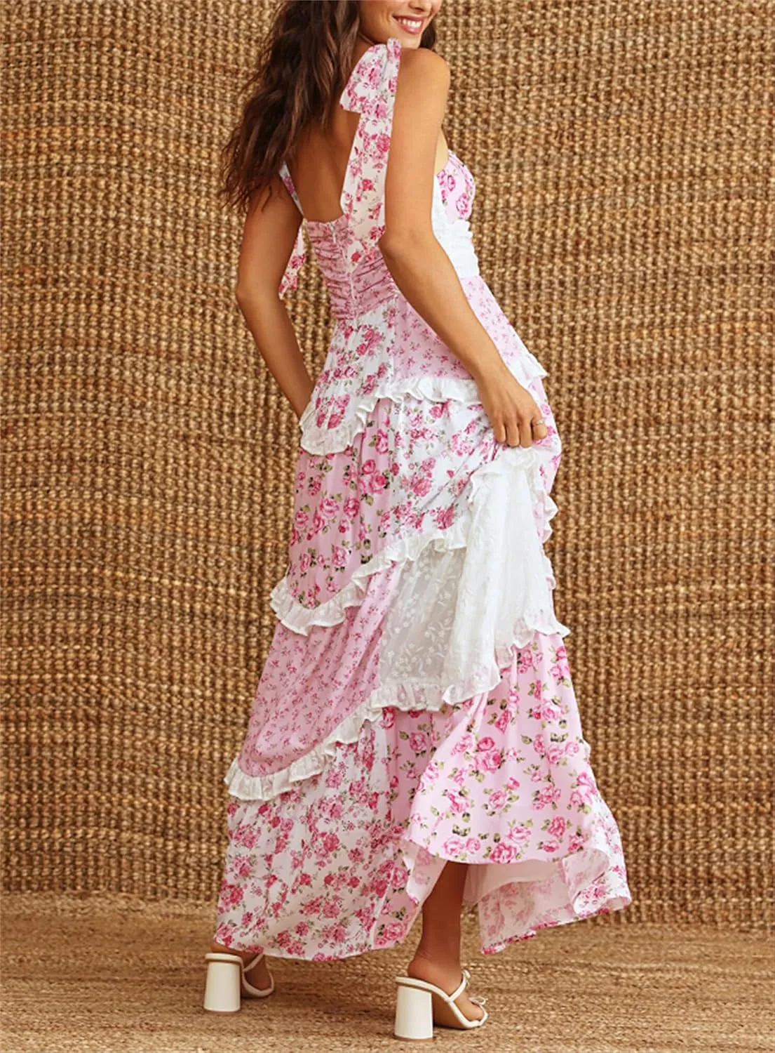 Women Tie Shoulder Boho Floral Maxi Dress Y2k Smocked Flowy Lace Sundress Spaghetti Strap Summer Long Beach Dress