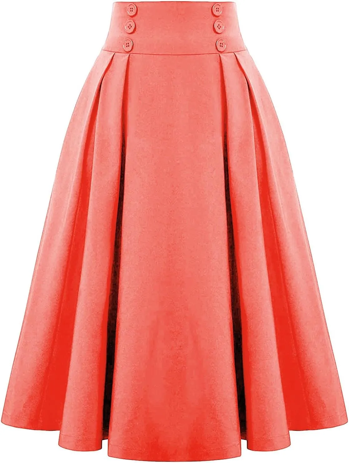 Women Vintage Skirt High Waist Pleated Button Skirts Midi A-Line Short Dress Fashion Casual Solid Swing Dresses