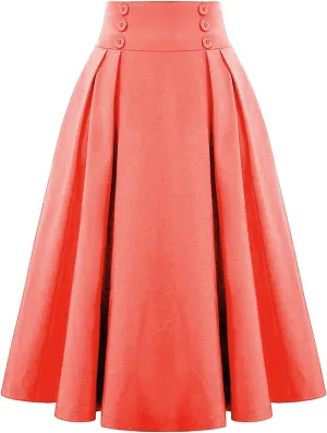 Women Vintage Skirt High Waist Pleated Button Skirts Midi A-Line Short Dress Fashion Casual Solid Swing Dresses